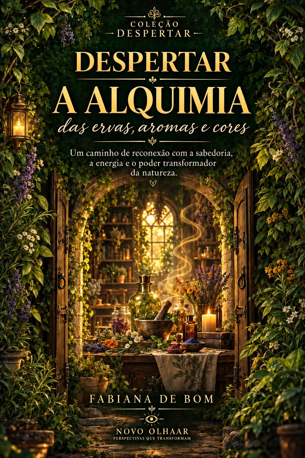 Capa do livro Despertar: A Alquimia das Ervas, Aromas e Cores — um portal florido dando pra um ateliê de ervas e frascos
