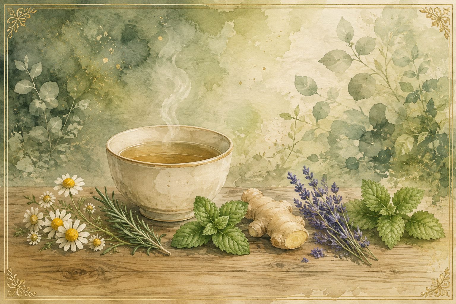 Aquarela de uma xícara de chá fumegante cercada de camomila, alecrim, hortelã, gengibre, lavanda e melissa