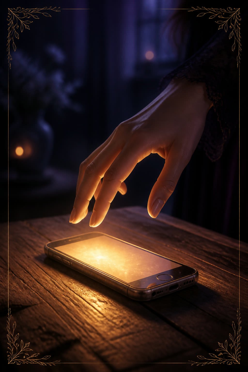 Mão hesitando sobre um celular com a tela iluminada em dourado num quarto escuro — eu tenho o direito de escolher meu tempo, sem deixar o medo escolher por mim