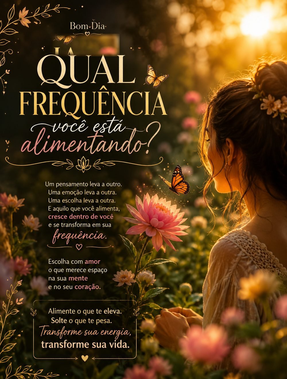 Uma mulher de perfil num jardim ao entardecer, luz dourada, borboletas e flores ao redor — a frequência que a gente alimenta