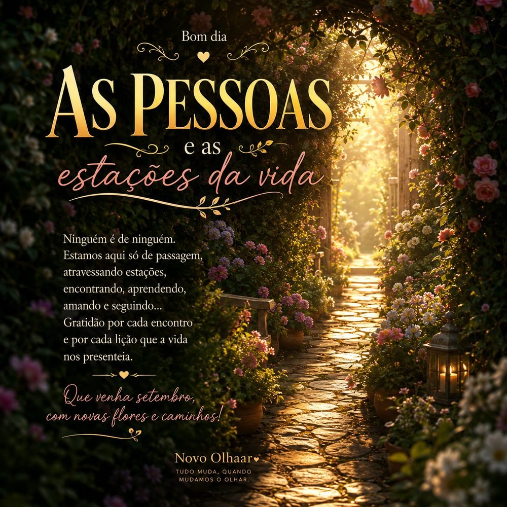 Um caminho de pedras atravessando um jardim florido ao entardecer, com um lampião aceso ao lado — as pessoas e as estações da vida