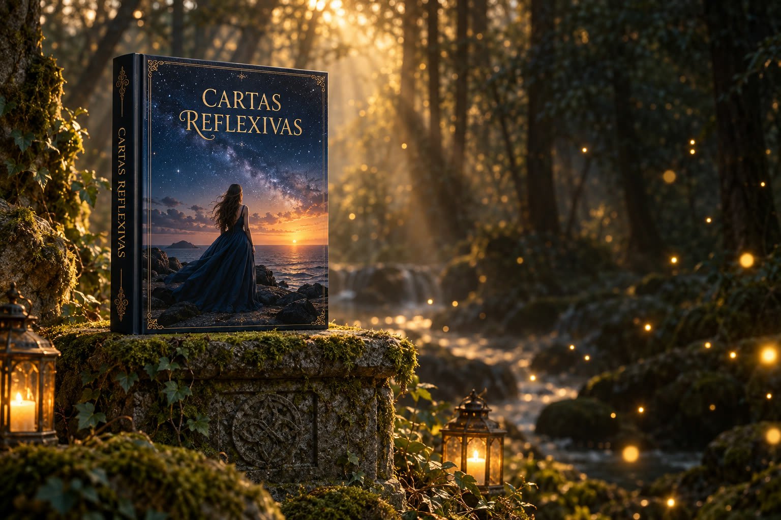 O baralho Cartas Reflexivas sobre um pedestal de pedra numa floresta dourada