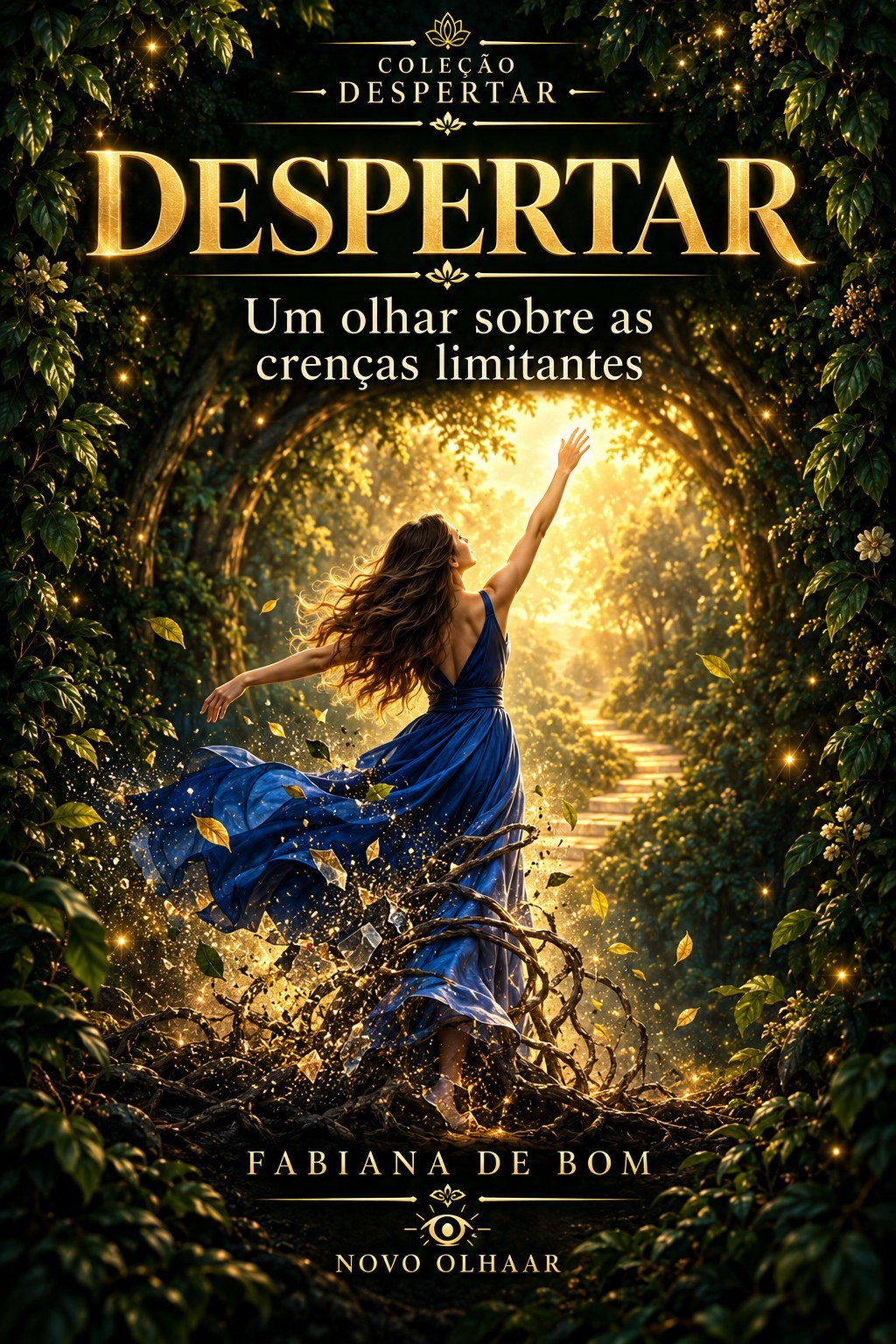 Capa do livro Despertar: Um Olhar Sobre as Crenças Limitantes — mulher se libertando de galhos secos rumo a um túnel de luz dourada