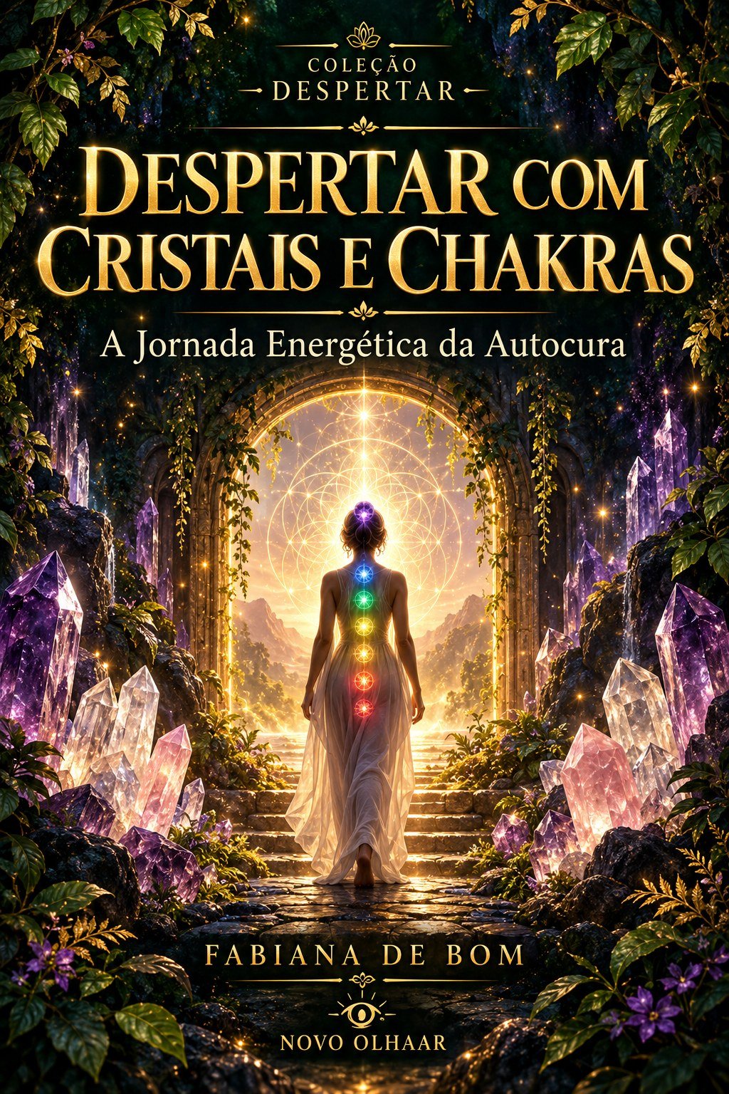 Capa do livro Despertar com Cristais e Chakras — mulher caminhando por um portal de luz entre cristais, com os 7 chakras iluminados na coluna