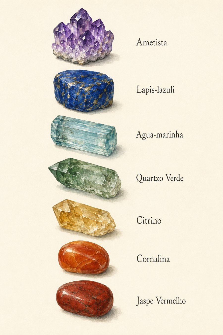 Prancha ilustrada em aquarela com 7 cristais: Ametista, Lápis-lazúli, Água-marinha, Quartzo Verde, Citrino, Cornalina e Jaspe Vermelho