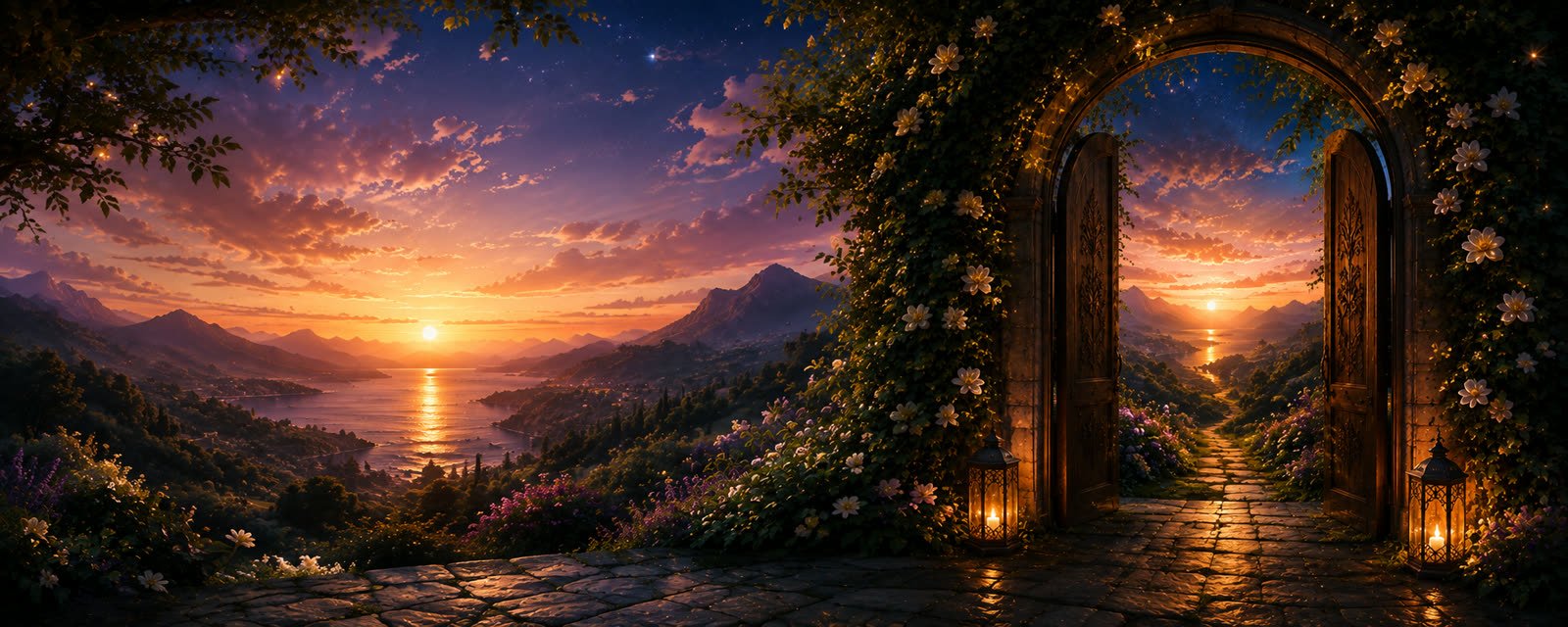 Uma porta mágica aberta num terraço ao entardecer, céu estrelado roxo contrastando com a luz dourada do sol sobre o mar — Novo Olhaar