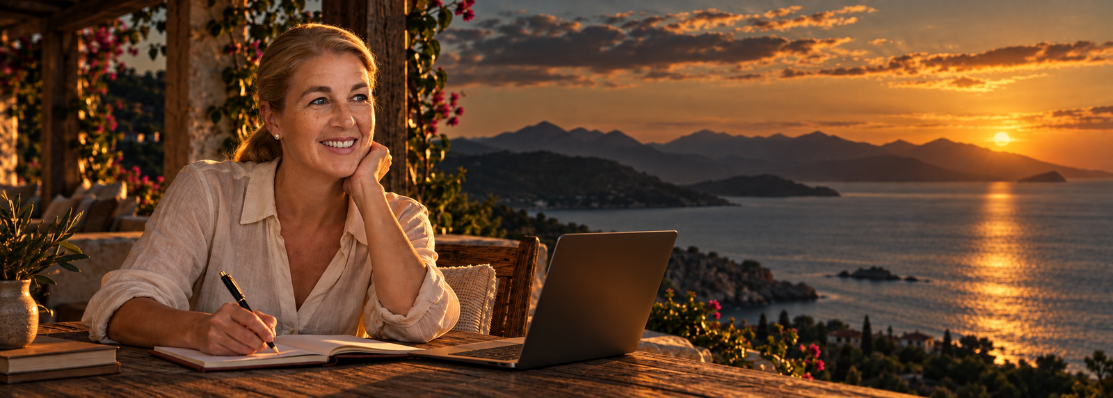 Uma mulher em paz, escrevendo no seu diário ao entardecer — pronta para começar a escutar suas emoções?